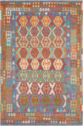 Flat Weave Kilim Antique Navaho Vintage handmade Geometric Kilim Red Blue Hand-Woven Rectangle 100% Wool Area Rug 7x10